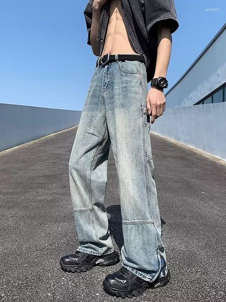 Jeans masculino High-Street Boyfriend Jeans-Baggy masculino - vintage solto com perna reta dividida para streetwear masculino