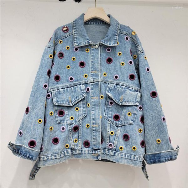 Jaquetas femininas primavera 2023 primavera INS moda de rua hip hop rock colorido personalizado trabalho pesado frisado casaco jeans