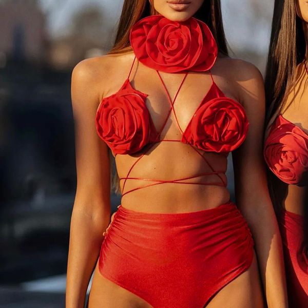 Kadın Mayo Yaz Üç Boyutlu Çiçek Seksi Kız Strappy Seaside Tatil Bikini Moda Takım Kadın Brezilya Mayo 230608