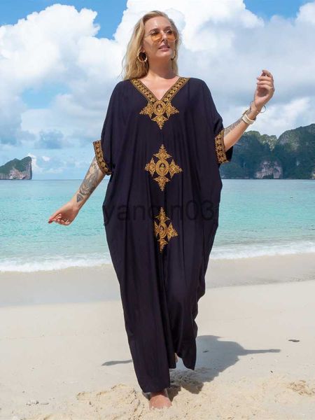 Lässige Kleider 2023 Elegante Gold bestickte lange Kaftan Retro V-Ausschnitt Schwarz Maxikleid Frauen Sommerkleidung Strandkleidung Badeanzug Cover Up Q1373 J230609