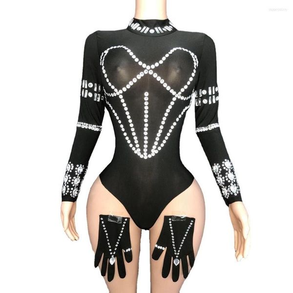 Sahne Giyim Işıltılı Rhinestones Siyah Leotard Eldiven Set Kadınlar Gece Kulübü Kıyafet Dans Kostümü Tek Parçalı Seksi Performans Giyim