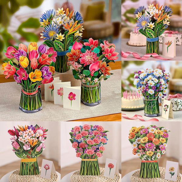 Cartões de felicitações 3D Pop Up Flor Cartões de felicitações Buquê de vários estilos Cartão de aniversário Cartão de agradecimento Aniversário Dia das Mães Suprimentos de presente de casamento 230607