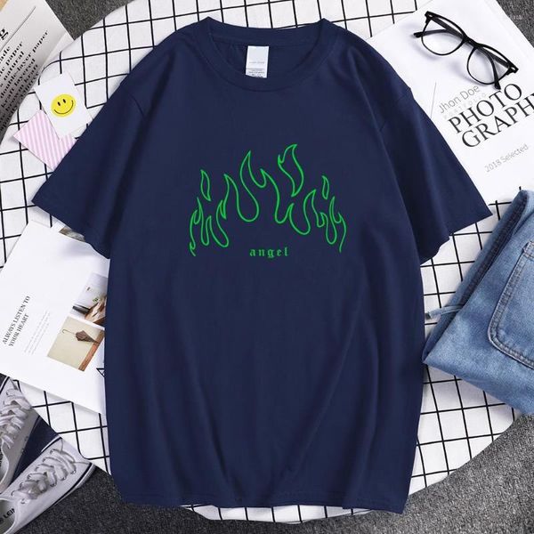 Camisetas masculinas Angel Green Fire Printed Tshirt Men Funny Oversized Shirts Personality Size Large Short Sleeved Cotton Graphic Shirt