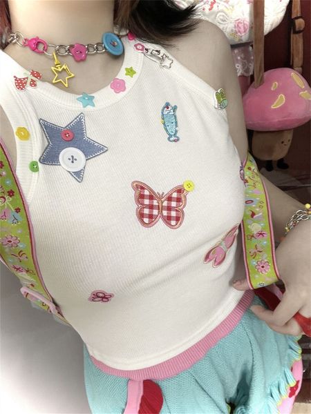 Canottiere da donna Camis QWEEK Canotta giapponese Y2K bianca a costine Canotta da donna Harajuku Kawaii Cute Egirl Gilet con spalle scoperte Canotta dolce stile coreano femminile 230608