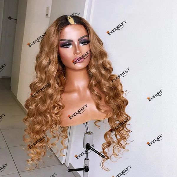 Natürliches Menschenhaar Ombre Blonde U-Teil Perücke Lose Welle Brasilianisches Remy Haar 1X4 V-Teil Maschinell hergestellt Günstige Perücke für Frauen Verlängerung