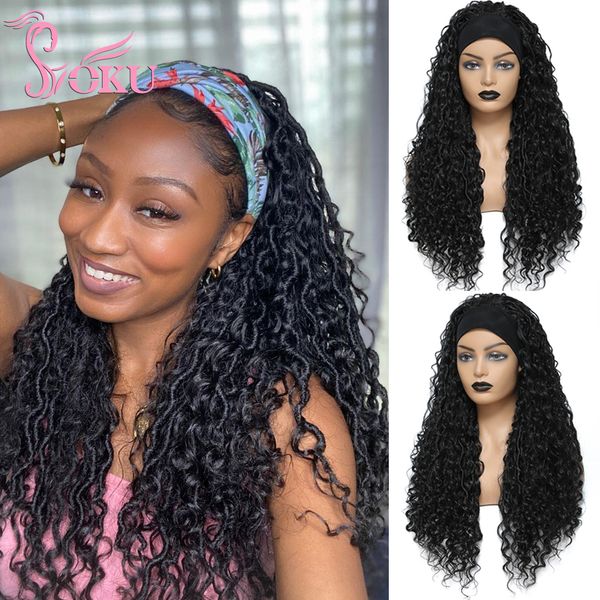 Pedaços de cabelo Curly Faux Locs Trança com Tiara Dreadlocks de Crochê de 24 Polegadas Trançado Soku Preto Sintético para Mulheres 230609