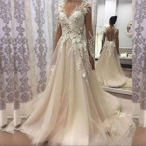 2023 Lindos Vestidos de Noiva Vestido de Noiva Tule Apliques de Renda Manga Comprida Ilusão Costas A Linha Varredura Trem Plus Size Custom Made Jardim vestido de novia