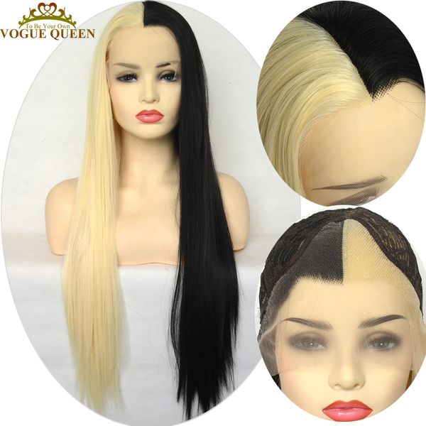 Dantelli peruklar voguequeen düz yarım sarışın siyah sentetik cephe kadınlar için iki tonlu uzun cosplay peruğu ısıya dayanıklı fiber 230609