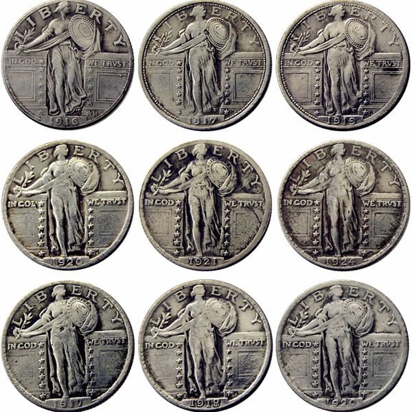 US 1916–1924 P/S 9 Stück Standing Liberty Quarter Dollars versilberte Kopiermünze