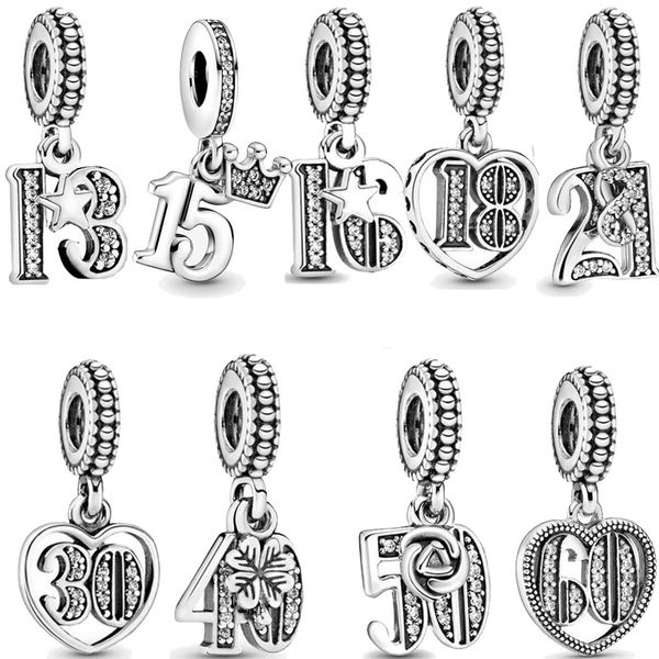 Pandora-925 Sterling Silber baumelnde Charms, klassischer Gedenk-Geburtstag, digitaler Anhänger, Ornament, verstellbare Zugarmbandperle, kostenlose Pandora-Box beim Kauf