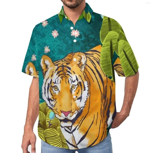 Erkekler Sıradan Gömlekler Jungle Tiger Vahşi Hayvan Beach Shirt Hawaii Street Giyim bluzları Adam Grafik Plus Boyut 3xl 4xl