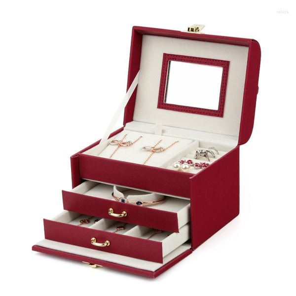 Bolsas para joias mini três camadas caixa de couro PU pulseiras brincos anéis exibidor princesa caixa organizadora de joias presente de aniversário feminino