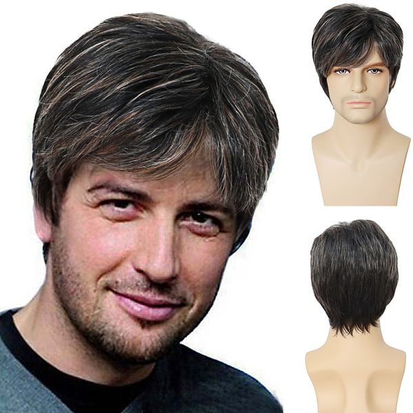 Peruca Masculina Marrom Penteados Curtos Peruca Sintética para Homem Cara Toupees Mistura Prata Cinza 10 Cortes de Cabelo Masculinos Fantasia Festa Perucas dir