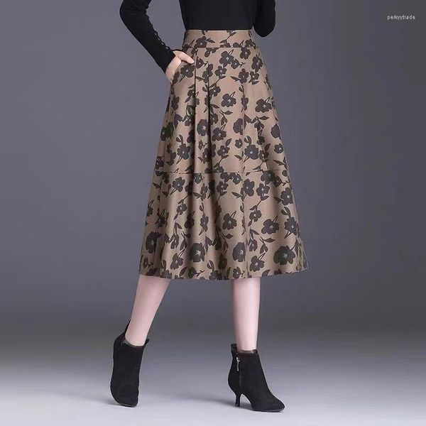 Юбки Wdmsna Print Skirt Womens осень осень и зима высокая темперамент талии в средней длине корейский A-line Faldas зонтик