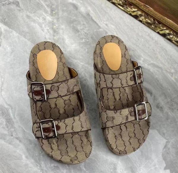 Ciabatte da uomo di design di lusso in tela con doppia G Slide Pantofole beige ebano Due cinturini con fibbie Sandali da spiaggia con suola in gomma in pelle Infradito con scatola