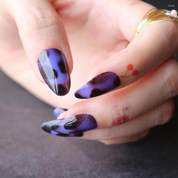 Unhas Postiças Roxo Cheetah Gel Amêndoa Falsa Brilhante Stiletto Acrílico Artificial Curto Estampa de Leopardo