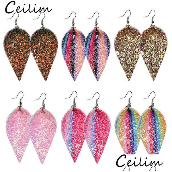 Charm Fashion Paillettes Paillette Glitter Leaf Pu Orecchini in pelle per le donne Bling Brinco Ear Oval Colorf Designer Jewelry Natale D Dhbsr