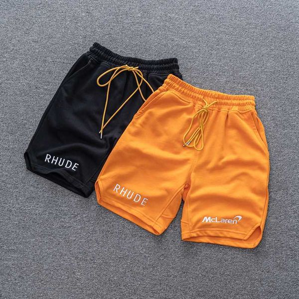 Shorts masculinos RHUDE Shorts com cordão de melhor qualidade Chegada Algodão Preto Laranja Distintivo Homens Mulheres Calças Letras Bordadas Respiráveis Soltas