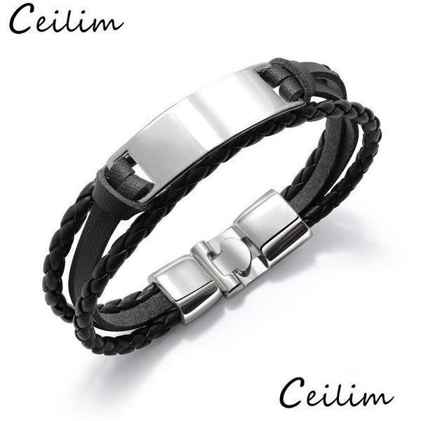 Corrente de aço gravada personalizada pulseira de couro personalizada para homens e mulheres joias de mão com pulseira preta trançada drop delivery pulseira Dhd6T