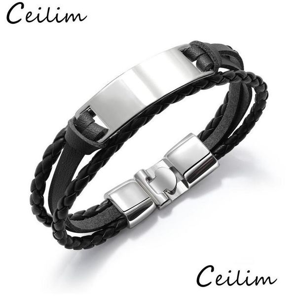 Bracciale in pelle con etichetta in acciaio con incisione personalizzata Catena Personalizzata Gioielli da mano da donna da uomo con cinturino intrecciato nero Drop Delivery Dhd6T