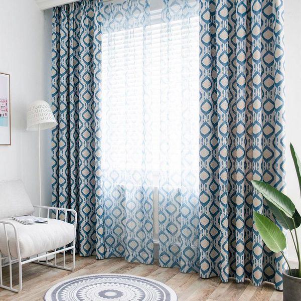 Cortinas cortinas opacas geométricas estampadas com diamantes para sala de estar azul quarto moderno cozinha