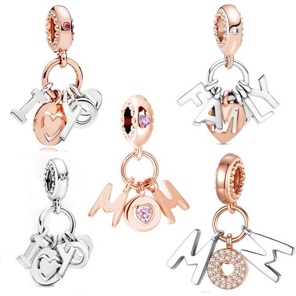 Pingente Pandora de prata esterlina 925 adequado para joias de designer de pulseira e carta mãe, eu te amo acessórios femininos em ouro rosa presente, caixa Pandora de cortesia