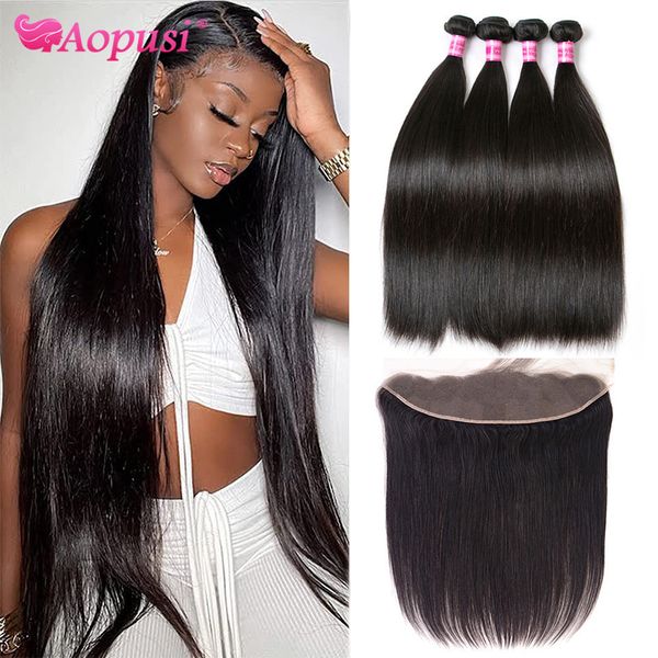 Hair Bulks Aopusi Straight Bundles mit frontaler menschlicher brasilianischer Weberei 13X4 Lace Extensions 230609