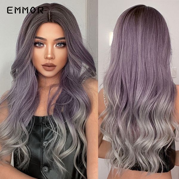 Parrucche sintetiche Ombre da viola a argento per donna Parrucche lunghe ondulate parte centrale Parrucche Cosplay Capelli finti Fibra resistente al calore Parruccafabbrica diretta