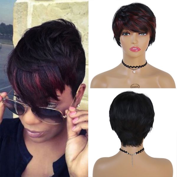 Perucas Sintéticas para Homens Cabelo Curto Cor Preta Misturar Cabelo Vermelho Pixie Cut Peruca com Franja Penteado Natural Menino (PretoCastanho)fábrica