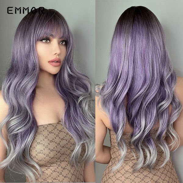 Синтетический омбр-фиолетовый и серебряный парики естественный светлый волнистый парик для женщин косплей апельсин- ежедневные вечеринки с бэндфактором