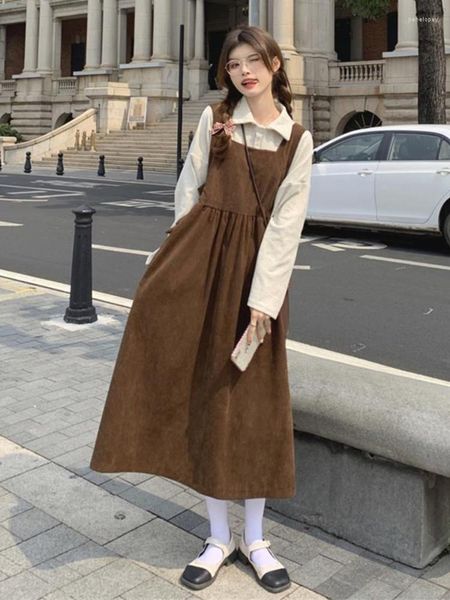 Sıradan Elbiseler Houzhou Vintage Slip Elbise Kadın Preppy Style Corduroy Elegant Slejan Kore Moda Gevşek Kadın Çetesi