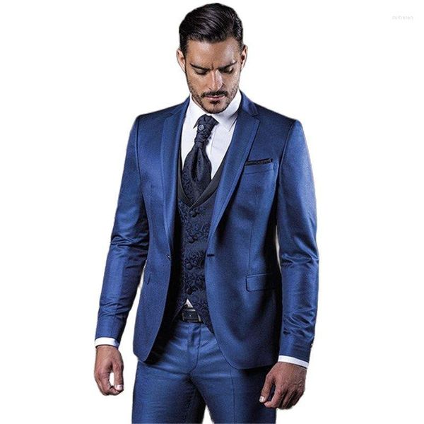 Abiti da uomo Custom Made Blazer blu scuro Pantaloni Smoking dello sposo Costume su misura Abito da sposa da uomo 3 pezzi Giacca Pantaloni Gilet fantasia