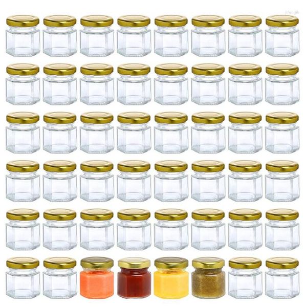 Garrafas de armazenamento 60 pacote 1,5 onças hexágono mini potes de mel de vidro com tampas gloden para doces doces lembrancinhas de festa de casamento