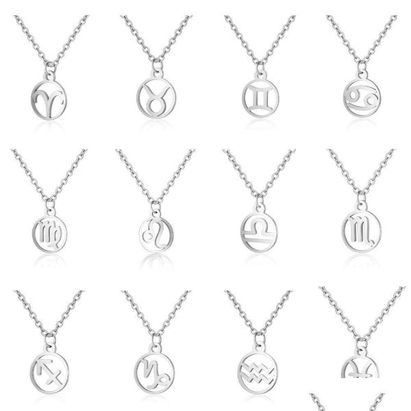 Collane con ciondolo 12 Segno zodiacale Argento Oroscopo Costellazioni Collana in acciaio inossidabile Uomo Donna Gioielli Regalo Drop Delivery Pendenti Dhsto