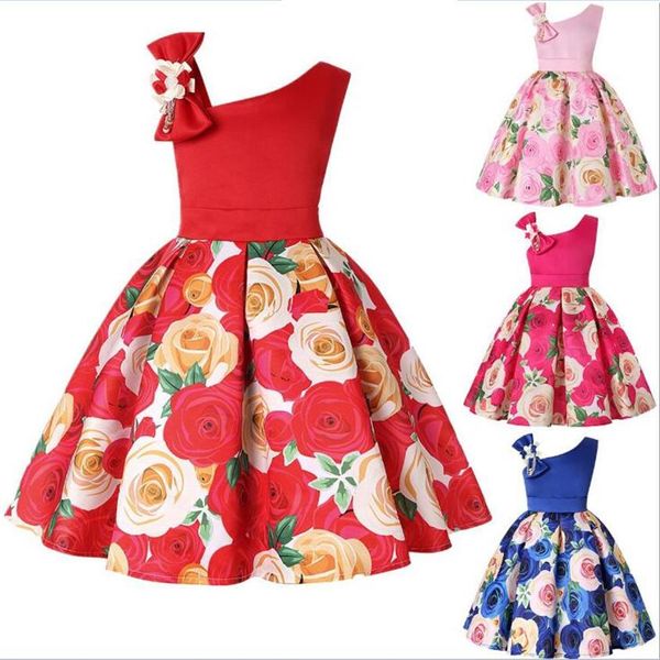 Vestido de ombro grande com decote redondo para festa de aniversário infantil, roupas de bebê, meninas, azul, vermelho, rosa, estampado com flores, vestidos, 2-9 anos, ch287K