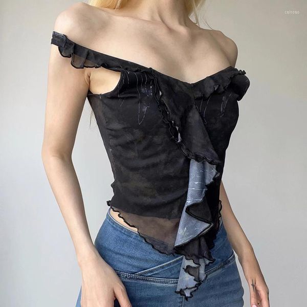 Canotte da donna Summer Ruffles Vest Donna Nero Stampato Orlo irregolare Senza maniche Maglia Slim Fit Canotte Club Streetwear