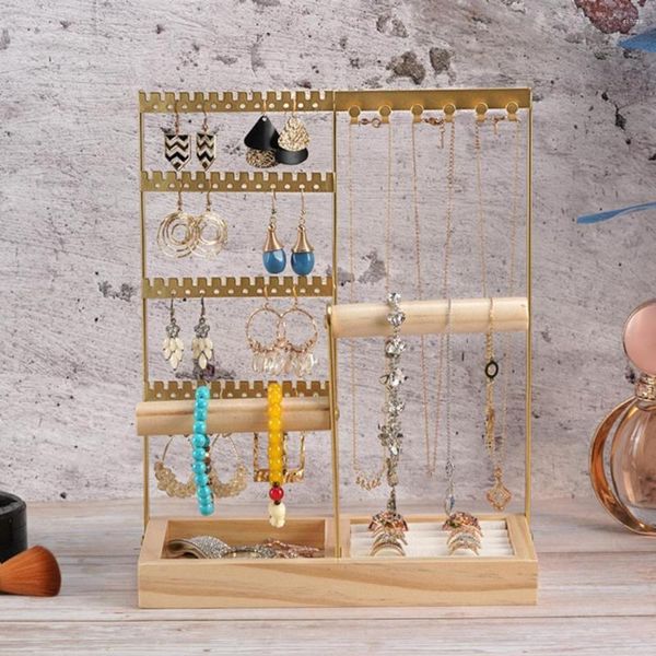 Sacchetti per gioielli Supporto per organizer a più livelli con vassoio in legno Collane Orecchini Bracciali Anelli Espositore