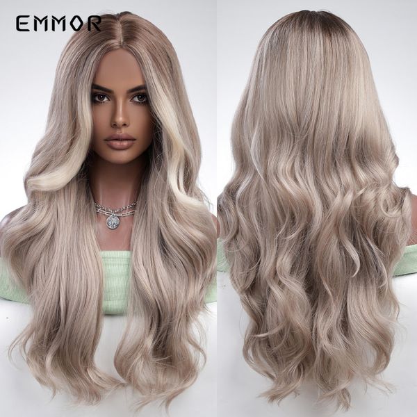 Peruca sintética de cabelo longo ondulado Ombre Brown a prata peruca cinza para mulheres Natural Parte do meio Cabelo resistente ao calor Cosplay Wigsfacto