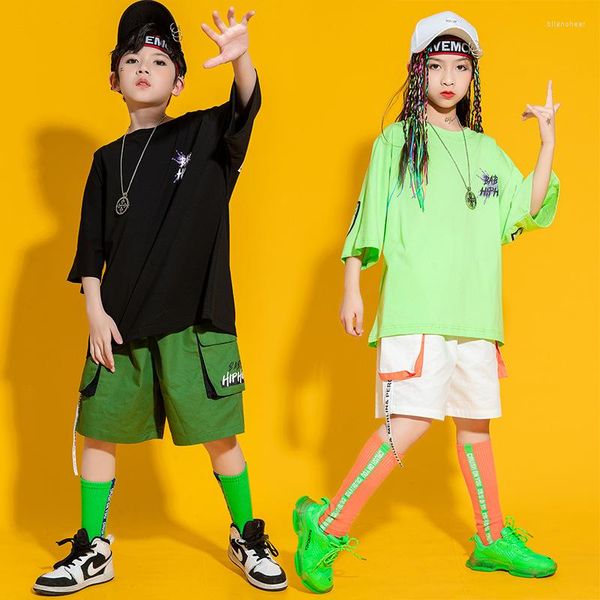 Sahne Giyim Kid Hip Hop Balo Salonu Giysileri Yeşil Tişört Üst veya Şerit Kız Dans Giyeri Süslü Kostüm Giysileri İçin Yaz Şortları