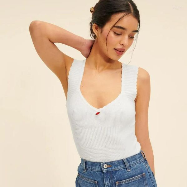 Damen Tanks 2023 Frühling und Sommer Frauen elastische Faden gestrickte Scalloped V-Ausschnitt Weste