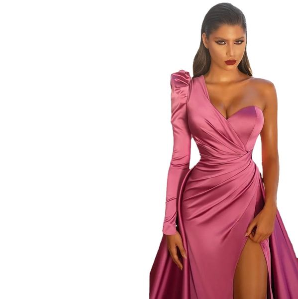 Sexy Abendkleider im Meerjungfrau-Stil mit seitlichem Schlitz und abnehmbarer Schleppe, arabisches One-Shoulder-Satin-Abschlussball-Partykleid für Frauen für besondere Anlässe