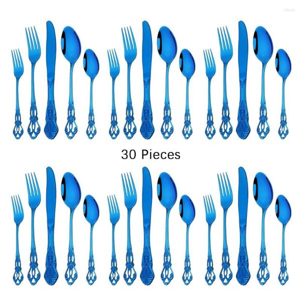 Set di stoviglie 30Pcs Coltello da dessert Forchetta Cucchiaio Set Posate blu retrò Posate da cucina in acciaio inossidabile di alta qualità