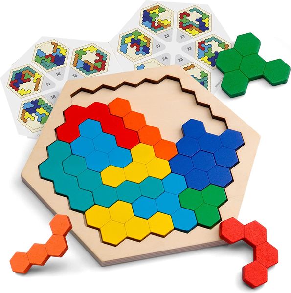 Giocattolo puzzle esagonale in legno per bambini Adulti Modello a forma di blocco Tangram Rompicapo Giocattoli Geometria Gioco di logica IQ STEM Regalo educativo Montessori per tutte le età Sfida