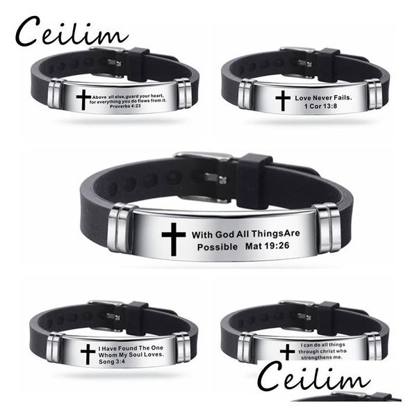 Jelly novo design de pulseiras com versos da Bíblia para homens Sile Bíblias citações de oração cristã Cross Bangle Pulseira de aço inoxidável Drop Delive Dhvnr