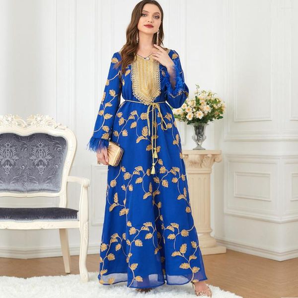 Ethnische Kleidung Blaue Stickerei Muslimisches Kleid für Frauen Ramadan Arabisch Femme Abaya Jalabiya Marocain Kleidung Islamische Türkei Marokkanischer Kaftan