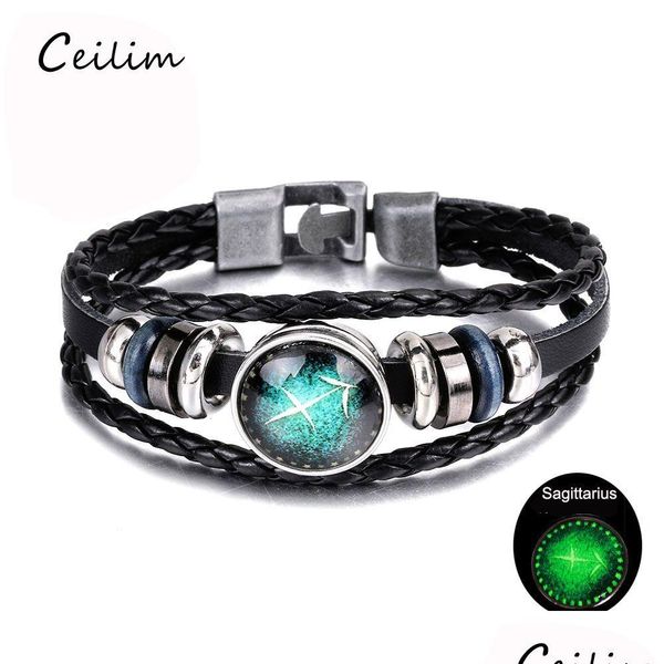 Bracciale in pelle con zodiaco luminoso a catena Glowinthedark 12 costellazioni Stile punk per uomo Commercio all'ingrosso / Dropship Gioielli con consegna a goccia Br Dhrja