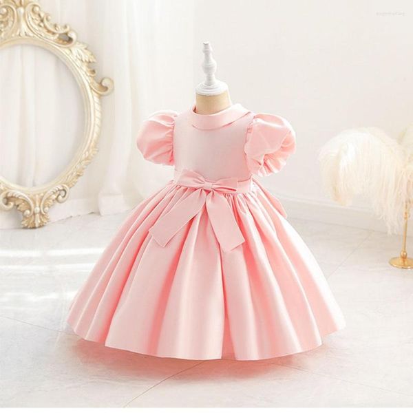 Mädchen Kleider Rosa Revers Sommer Kleinkind Baby Mädchen Prinzessin Party Kleid Satin Puff Ärmel Kinder Kleidung Kleinkind Hochzeit Kleid prom 1-6 Jahre