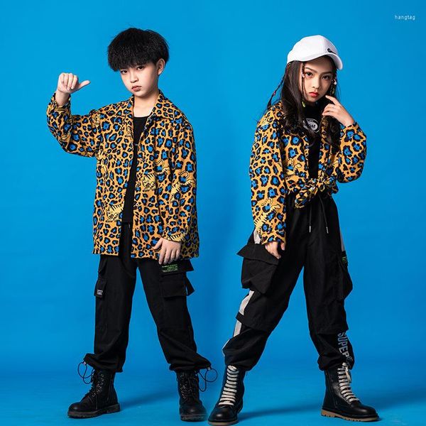 Vestuário de palco infantil kpop hip hop camisa com estampa de leopardo regata streetwear calça de corrida de carga para menina menino jazz dança traje roupas