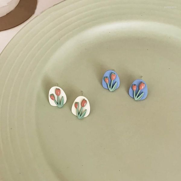 Brincos Tulipa Pintura Tridimensional Azul Branco Rosa Verde Requintado E Fresco Forest Series Presente Para Amigos