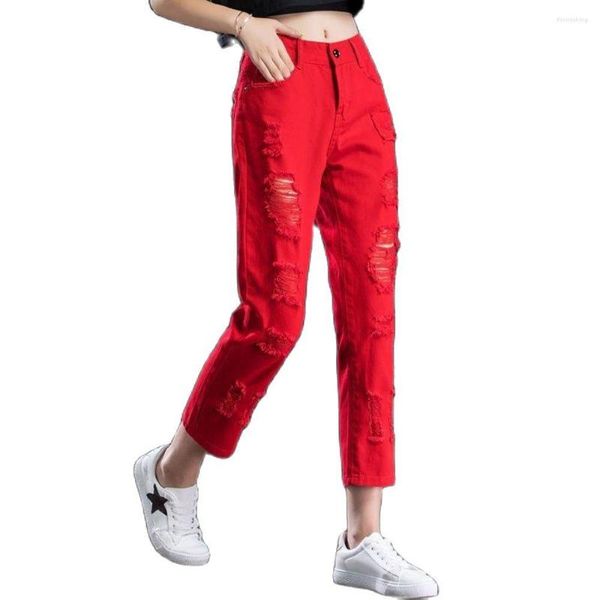 Женские джинсы 2023 весна лето женщина с высокой талией Balck Red Fashion Ruped Hole Tassel Harem Pants Женская джинсовая лодыжка.